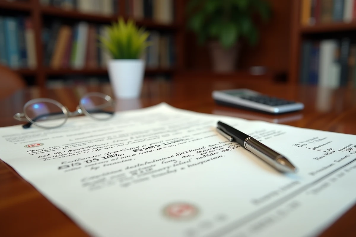 Acte notarié avec tampons officiels et annotations manuscrites sur une table en acajou représentant les frais de notaire