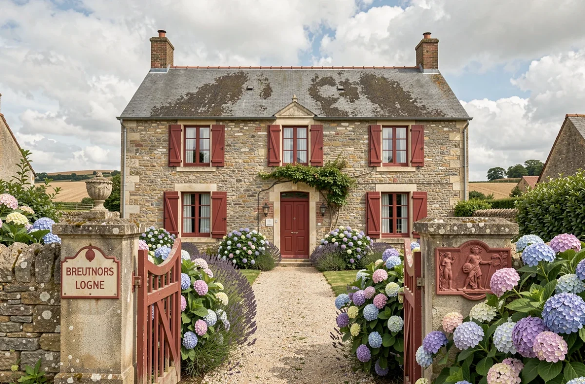 Longère bretonne en granite du XIXe siècle avec volets rouges et jardin fleuri représentant l'Agence Maison Rouge en Bretagne