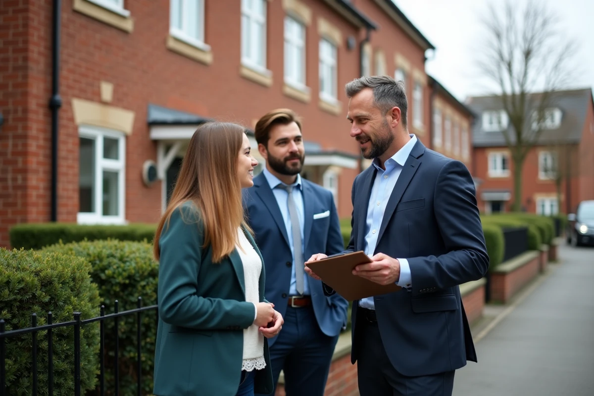 Agent immobilier discutant avec un couple devant une maison en ville