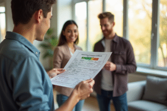 Agent immobilier montrant un DPE à un couple dans un salon lumineux