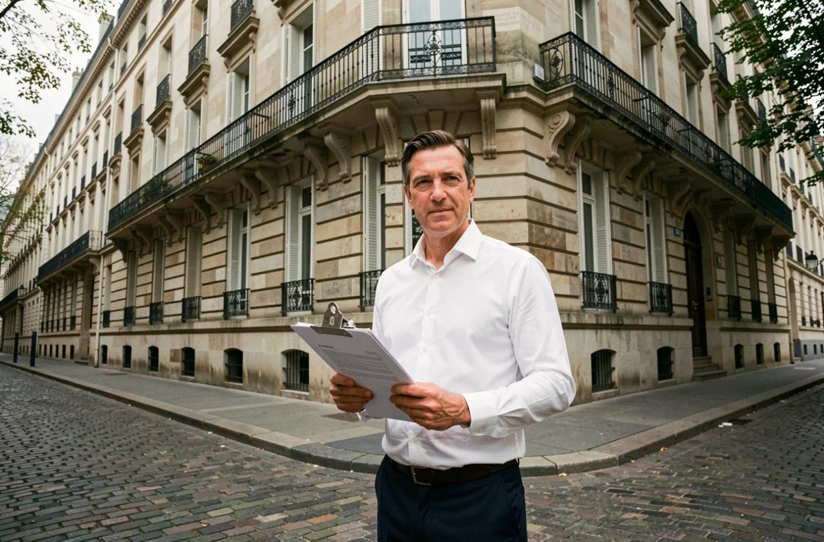 Agent immobilier devant un immeuble haussmannien parisien avec des documents de propriété