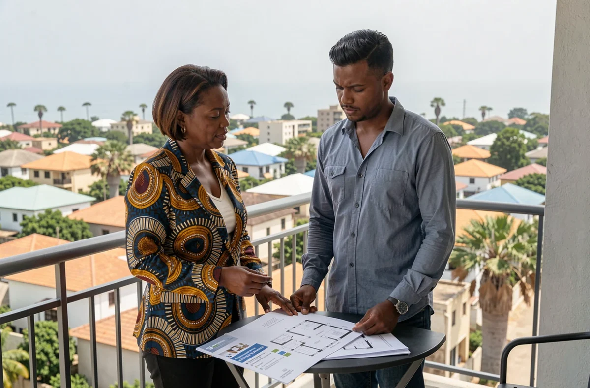 Agent immobilier et locataire sur un balcon à Dakar discutant des options de location meublée et vide