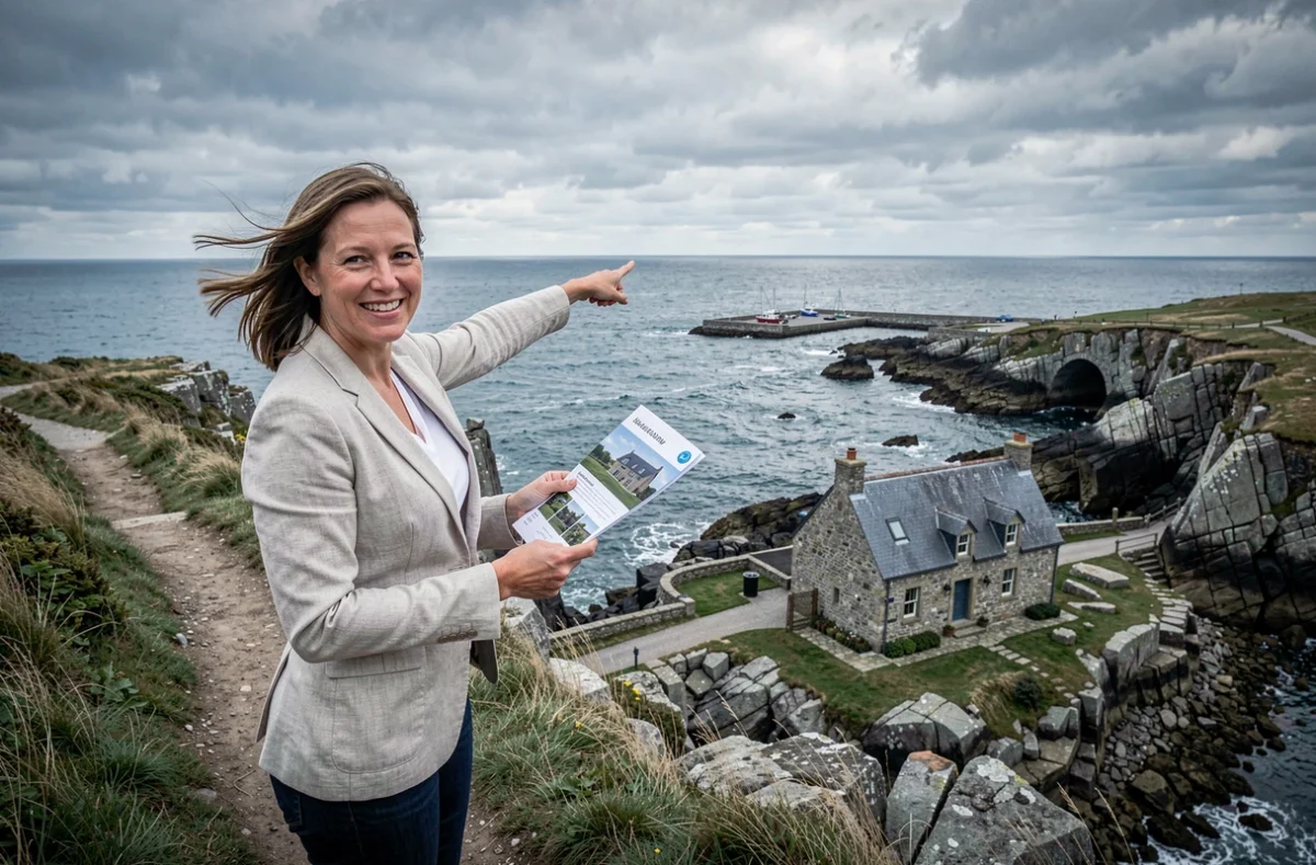 Agent immobilier présentant une maison de pêcheur à vendre sur le littoral breton avec vue sur le port