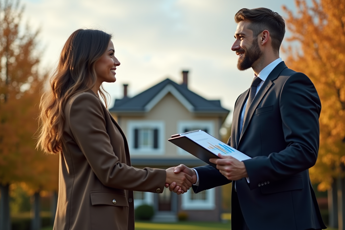Agent immobilier et locataire se serrant la main devant un bâtiment en automne