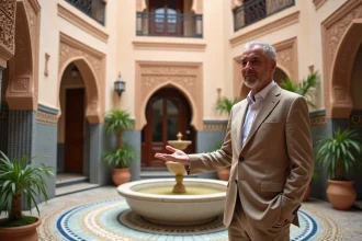 Agent immobilier présentant le patio central d'un riad traditionnel à Marrakech avec fontaine en mosaïque et décoration en zellige