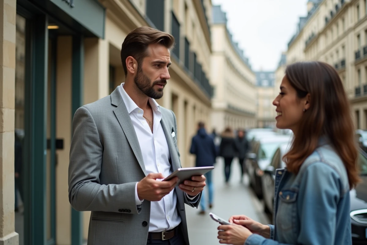 Agent immobilier présentant une annonce SeLoger de location meublée sur tablette devant un immeuble résidentiel parisien