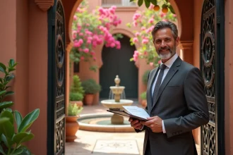 Agent immobilier devant une villa à vendre à Marrakech avec portail en fer forgé et murs ocres traditionnels
