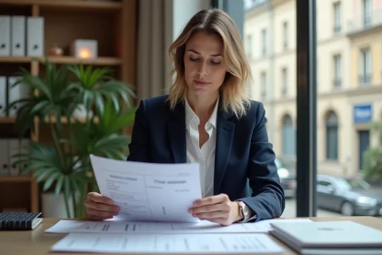 Agente immobilière analysant une estimation de loyer pour un appartement à Lyon sur son bureau professionnel