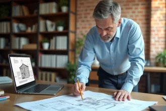 Agent immobilier analysant des plans de rénovation pour estimer la plus-value travaux avant une vente immobilière
