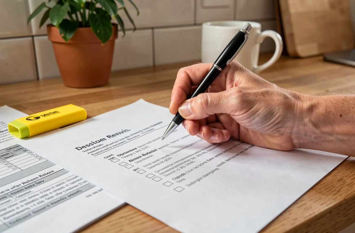 Gros plan sur une main annotant un devis de désamiantage posé sur une table de cuisine