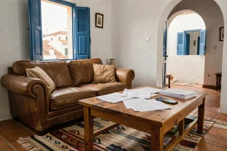 Salon d'un appartement à louer à Essaouira avec papiers de location mensuelle et vue sur la médina
