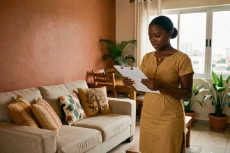 Femme sénégalaise dans un appartement meublé moderne à Dakar, examinant un contrat de location