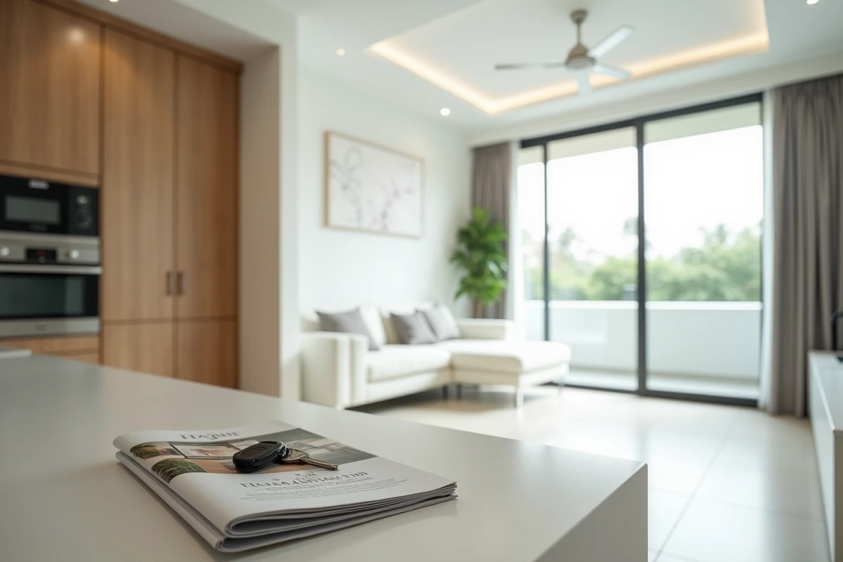 Appartement moderne vide à louer à Phuket avec terrasse et cuisine ouverte, clés posées sur le comptoir