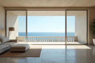 Salon d'appartement moderne avec vue panoramique sur la mer Méditerranée depuis une baie vitrée