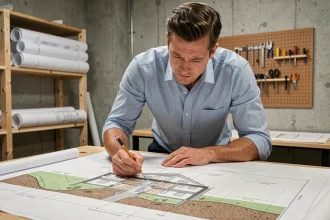 Architecte analysant un plan en coupe de terrain et de construction sur une table à dessin en studio