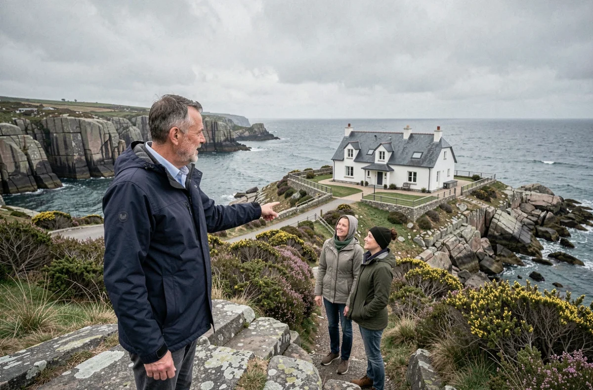 Agent Armor Côte Ouest Immobilier présentant une villa en bord de mer à des clients sur le littoral des Côtes-d'Armor