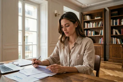 Femme consultant son contrat d'assurance habitation dans un appartement parisien haussmannien