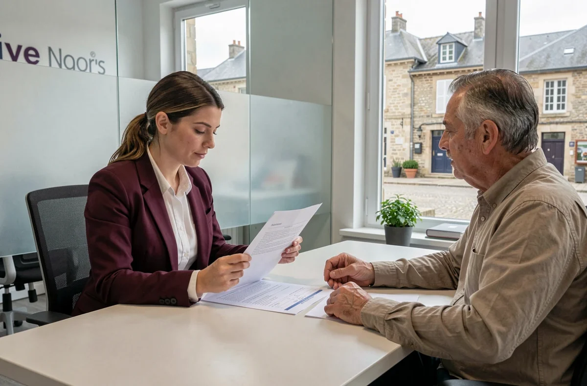 Conseillère d'AV Transaction Côtes-d'Armor en réunion avec un client autour d'un dossier immobilier