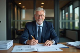 Avocat en costume navy examinant des documents juridiques