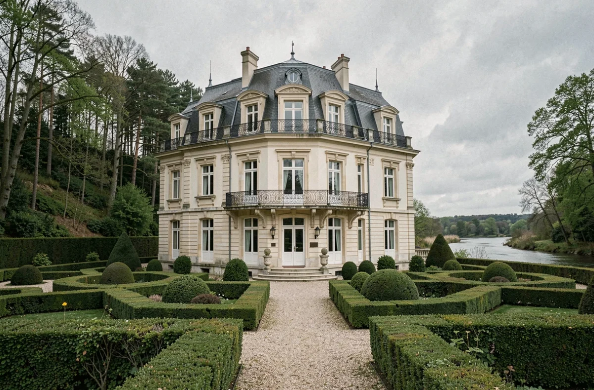 Villa Belle Époque avec balcons en fer forgé et jardins formels en Bretagne illustrant le portefeuille de Berg Immobilier