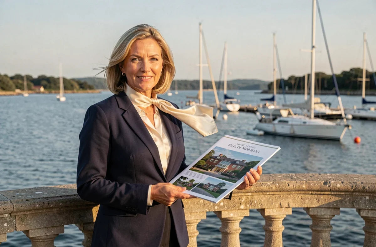 Agent immobilière de luxe présentant une brochure de propriété en bord de mer du Golfe du Morbihan pour Bretagne Sud Sotheby's International Realty