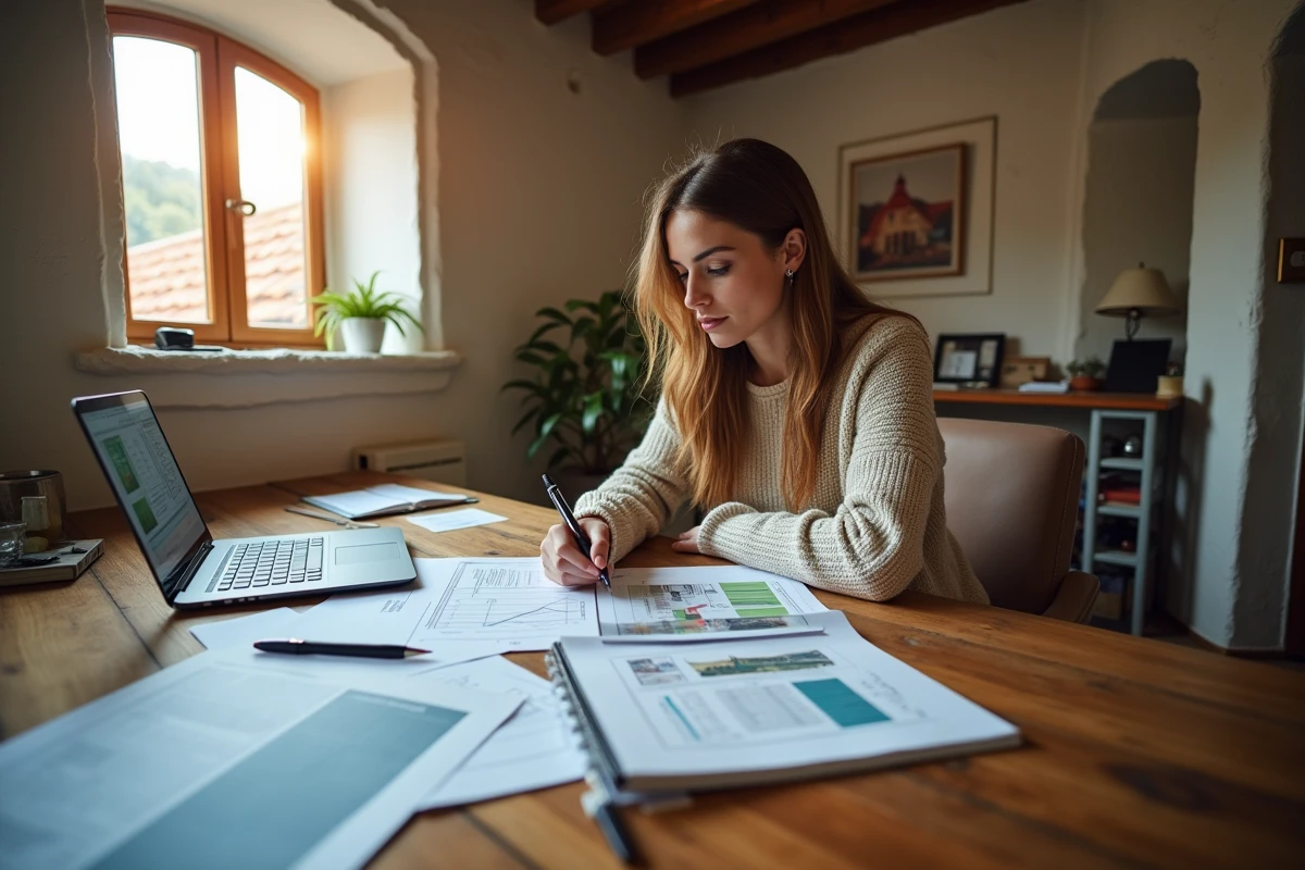 Femme lisant des papiers dans un bureau lumineux avec ordinateur et plans