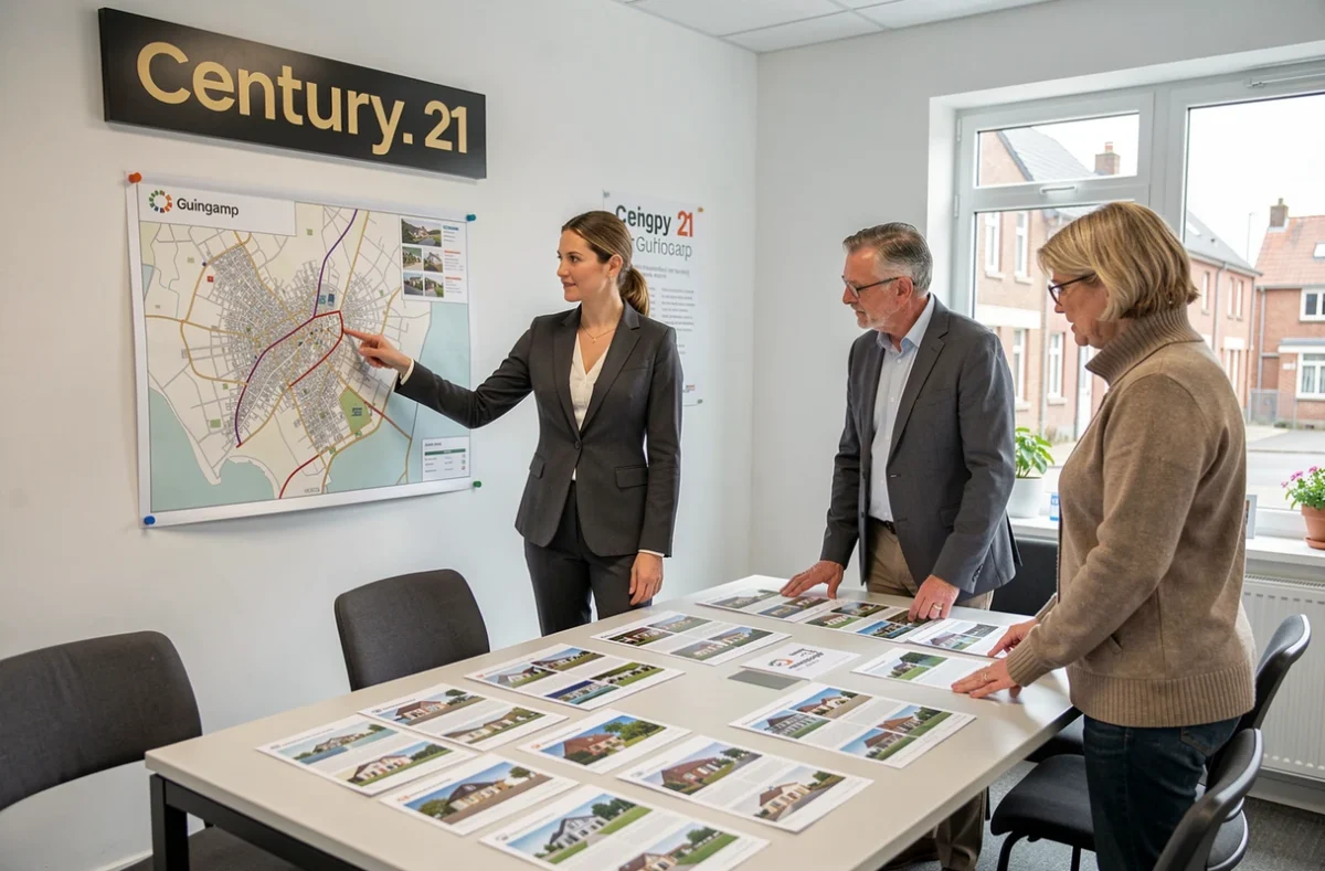 Conseillère Century 21 Guingamp présentant une carte de la région et des annonces immobilières à des clients