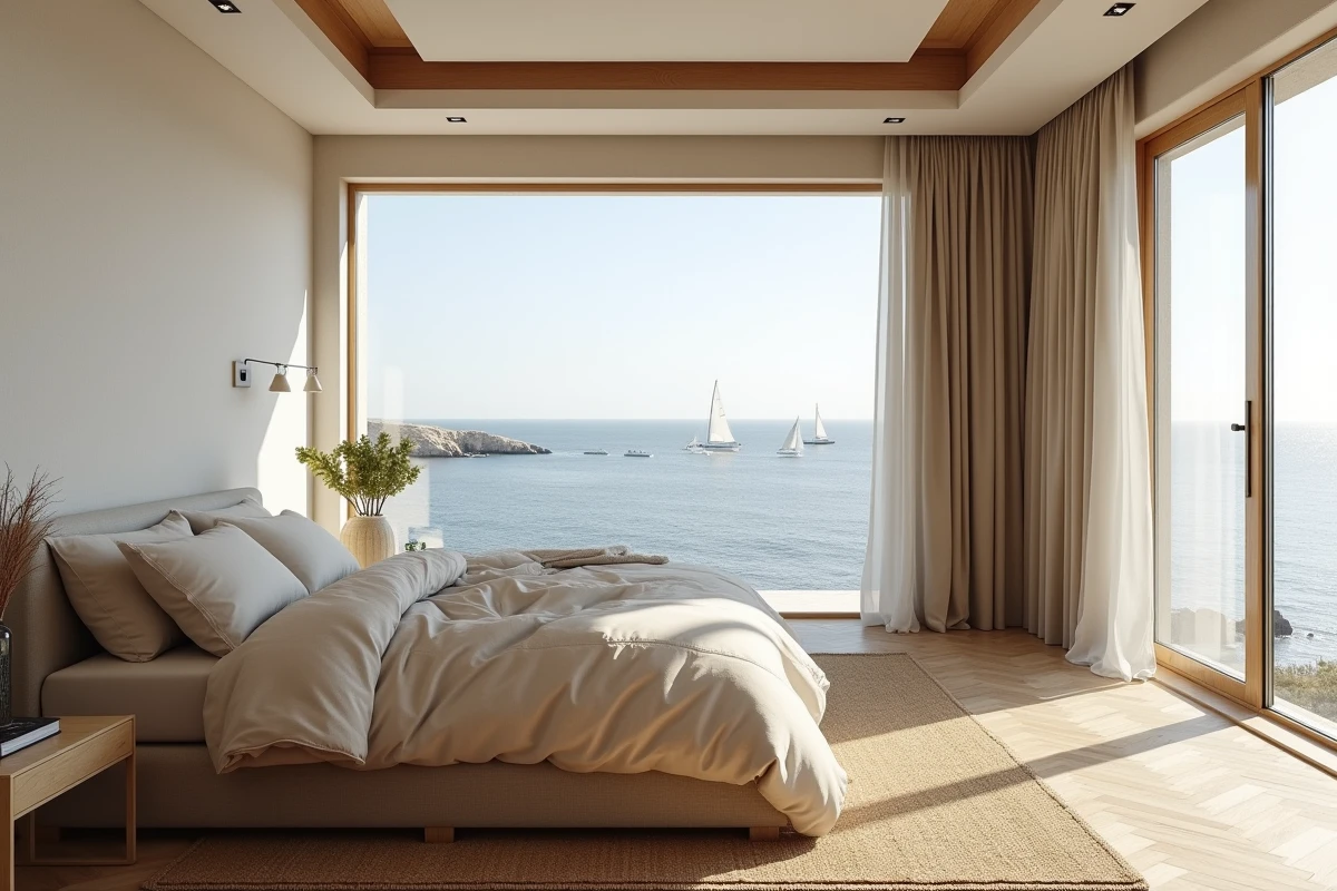 Chambre d'appartement haut de gamme avec fenêtre panoramique donnant sur la mer et voiliers