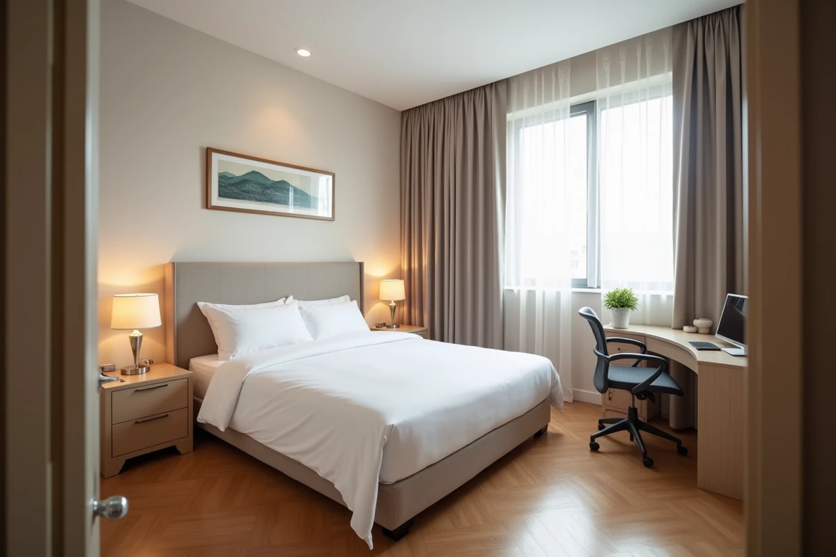Chambre meublée de location avec lit double, armoire miroir et bureau ergonomique dans un appartement moderne