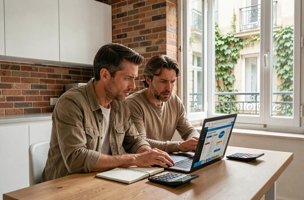Couple parisien comparant des offres d'assurance habitation sur ordinateur dans leur appartement rénové