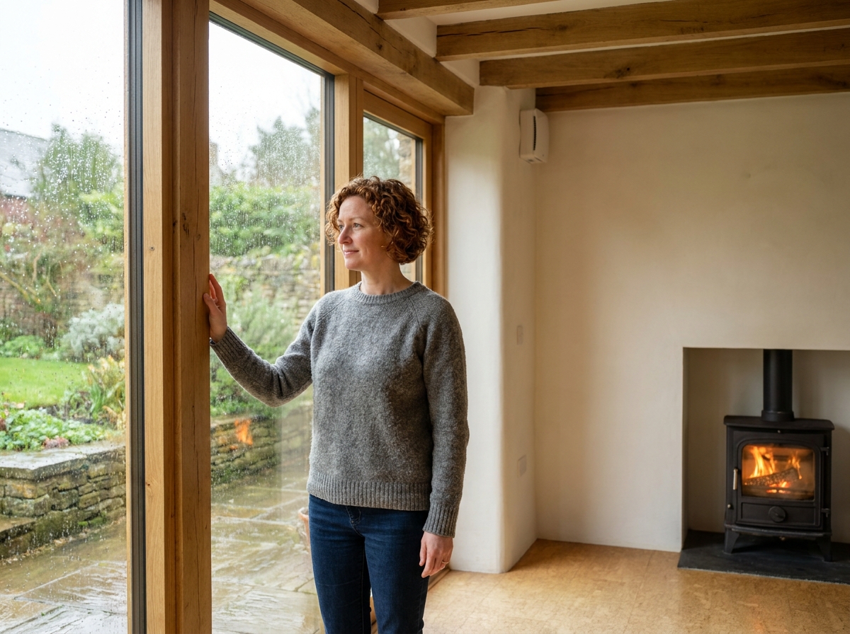 Femme dans le séjour d'une maison passive en Bretagne appréciant le confort thermique par temps de pluie