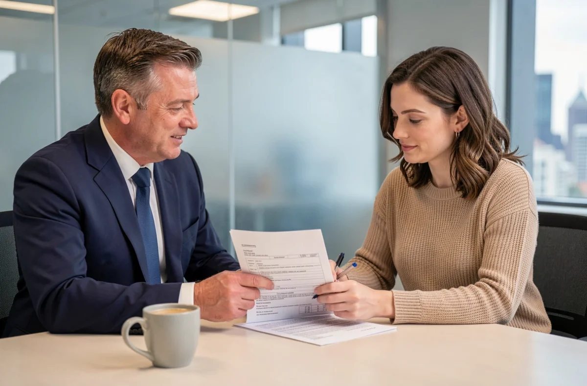 Conseiller en assurance et propriétaire bailleur analysant un contrat d'assurance PNO ensemble en agence