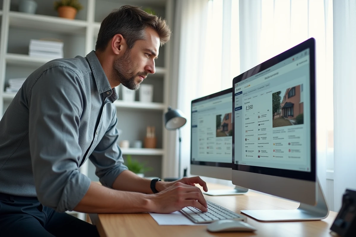 Conseiller immobilier IAD comparant deux plateformes digitales depuis son bureau à domicile