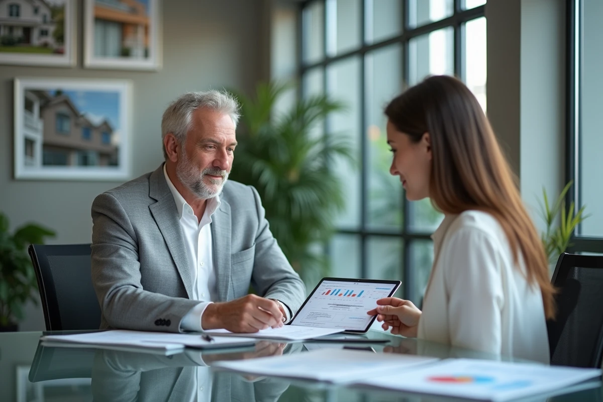 Conseiller immobilier présentant une stratégie de sortie Pinel à une cliente dans une agence professionnelle