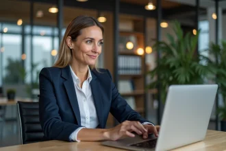 Conseillère immobilière naviguant sur l'intranet IAD depuis son bureau en agence