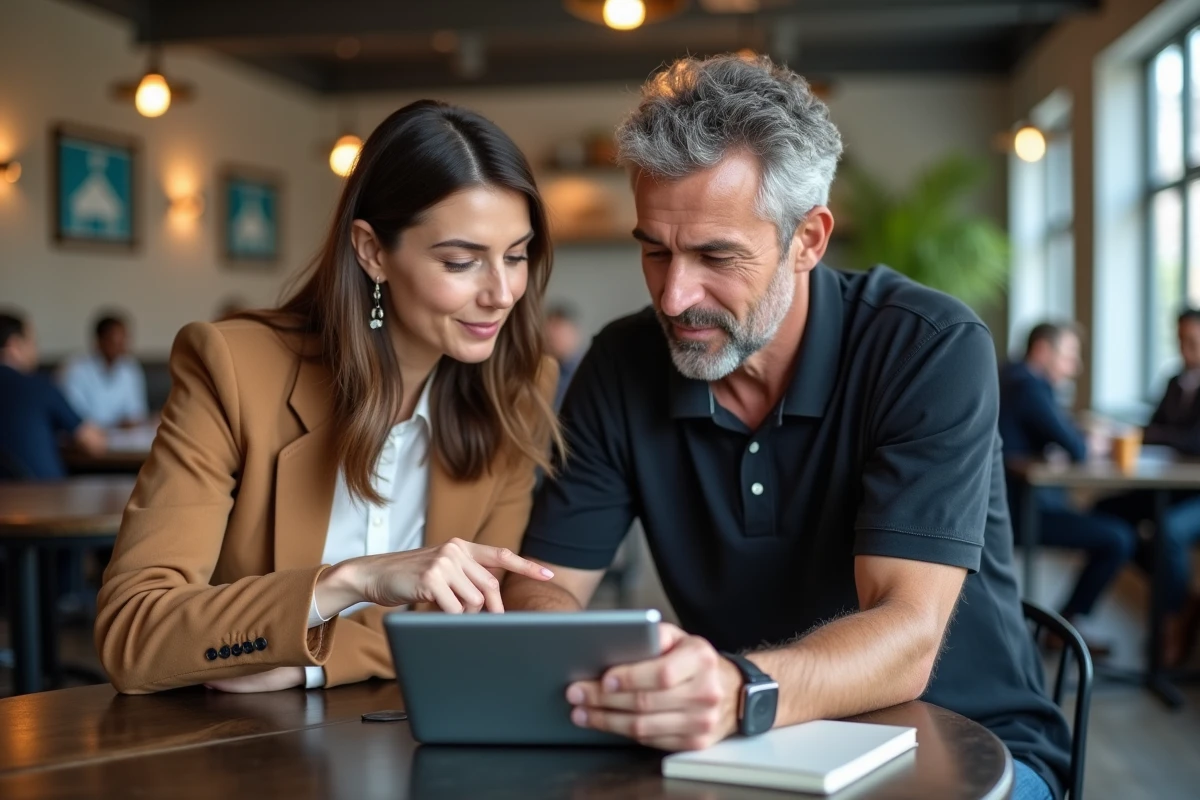 Deux conseillers immobiliers IAD discutant des outils intranet et playiad en espace de coworking