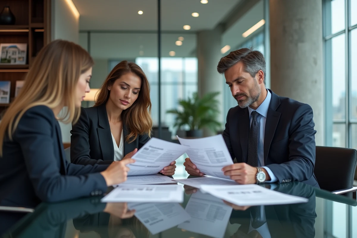 Conseillers immobiliers de prestige présentant une estimation de maison à un propriétaire dans une agence moderne