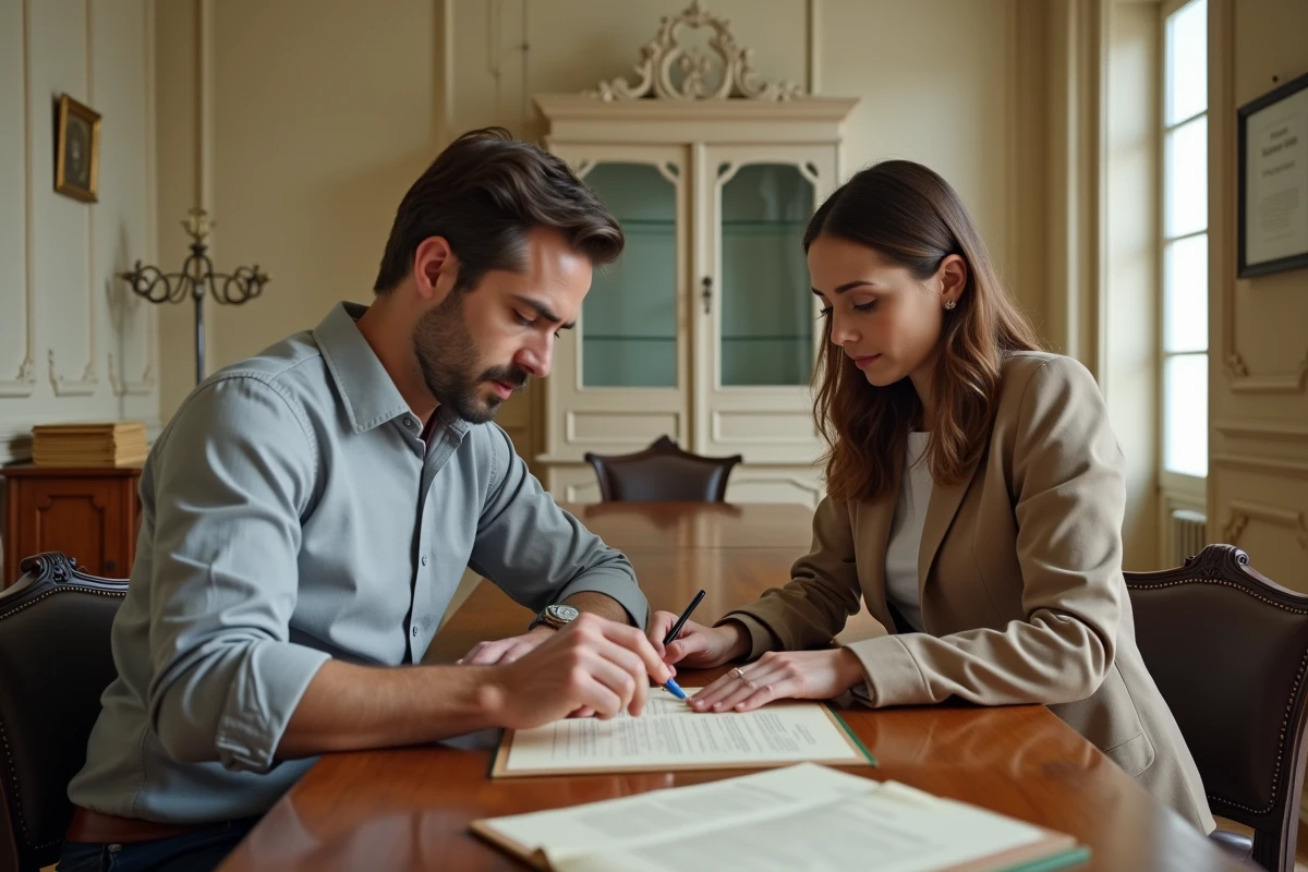 Clerc de notaire et investisseuse immobilière consultant ensemble un document officiel dans une étude notariale traditionnelle française
