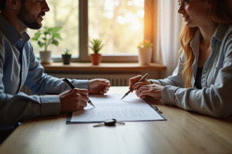 Jeune couple signant un contrat de location dans un appartement lumineux