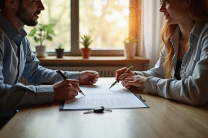 Jeune couple signant un contrat de location dans un appartement lumineux