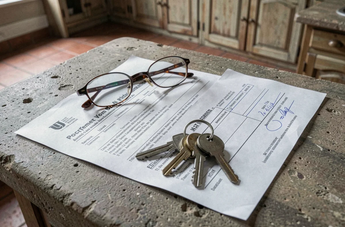 Contrat de location non déclarée posé sur un comptoir avec des clés d'appartement et une déclaration fiscale