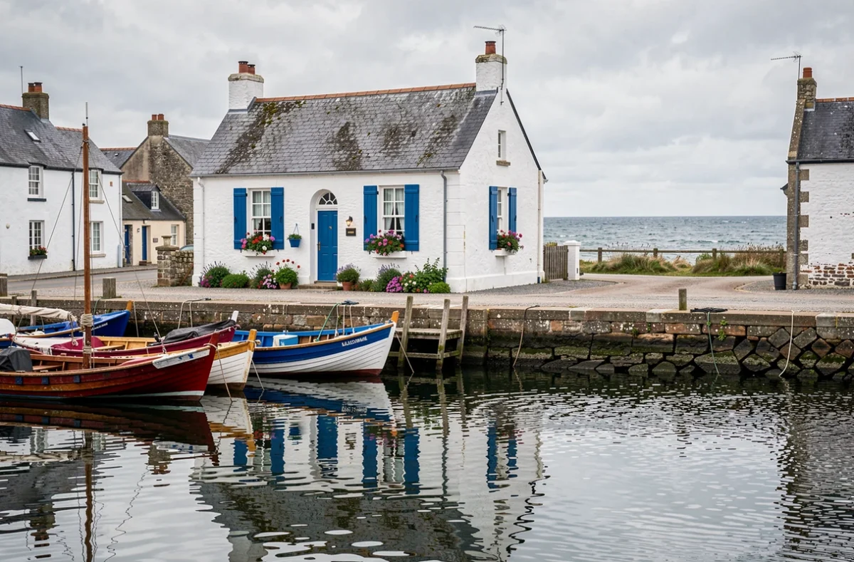 Cottage blanc avec volets bleus face au port d'un village breton, illustrant les propriétés côtières de Côte et Bretagne Immobilier