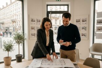 Couple examinant des plans de logement neuf dans une agence immobilière à Lyon
