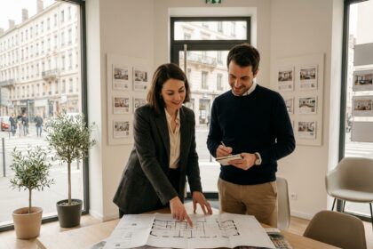 Couple examinant des plans de logement neuf dans une agence immobilière à Lyon