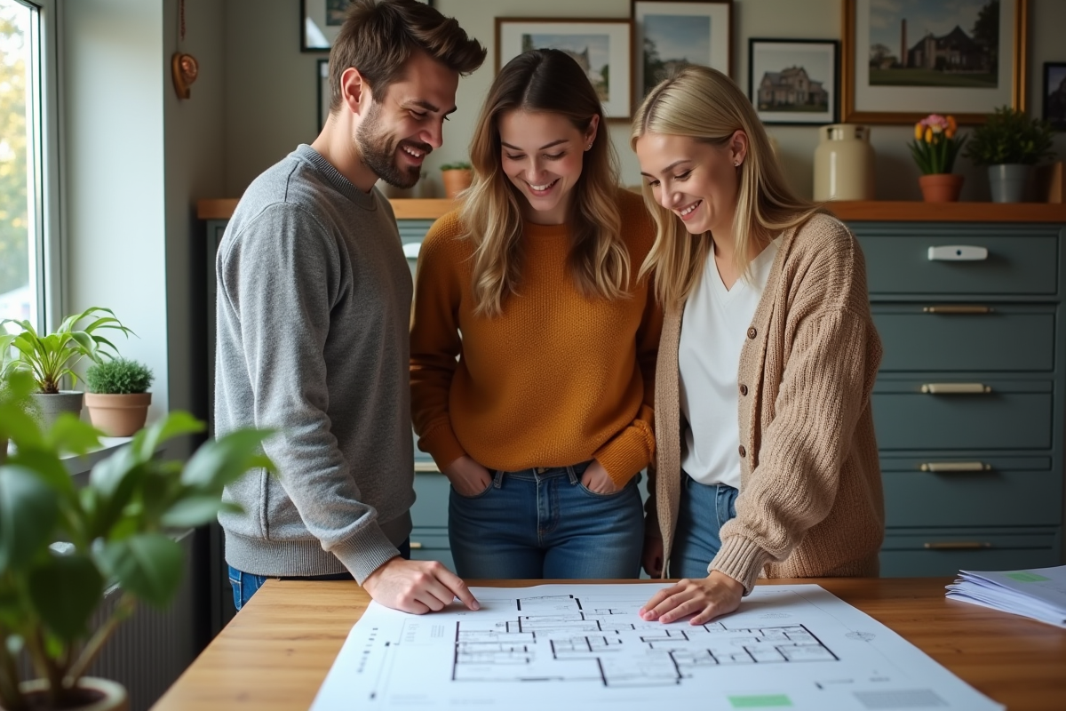 Jeune couple avec conseillère immobilière dans agence