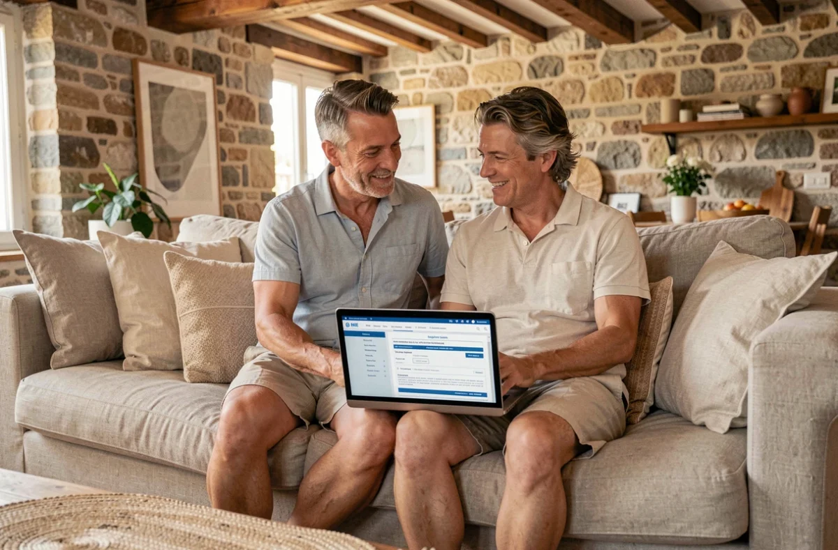 Couple choisissant une formule d'assurance habitation en ligne dans leur appartement à Marseille