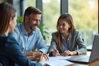 Couple confiant discutant avec un conseiller bancaire