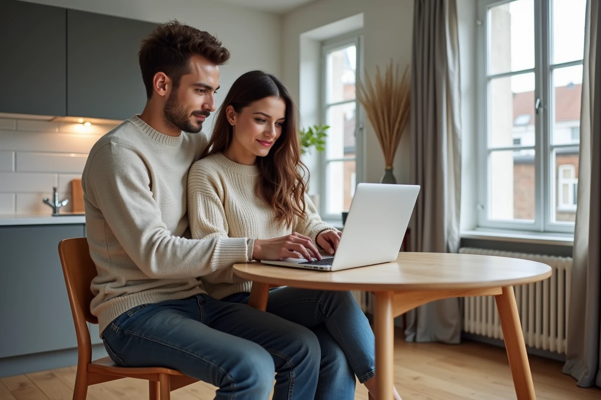 Couple consultant un site d'estimation de loyer en ligne dans leur appartement à Lyon