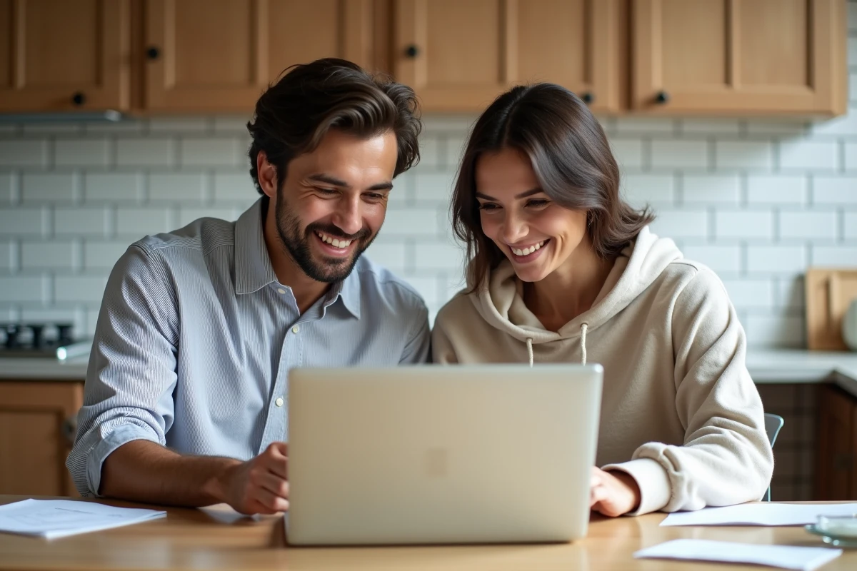 Couple de copropriétaires consultant ensemble leur espace MyNexity sur ordinateur dans une cuisine