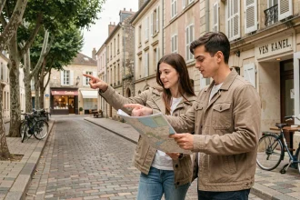 Jeune couple explorant un quartier résidentiel de Blois avec une carte, devant des immeubles en pierre calcaire typiques du Val de Loire